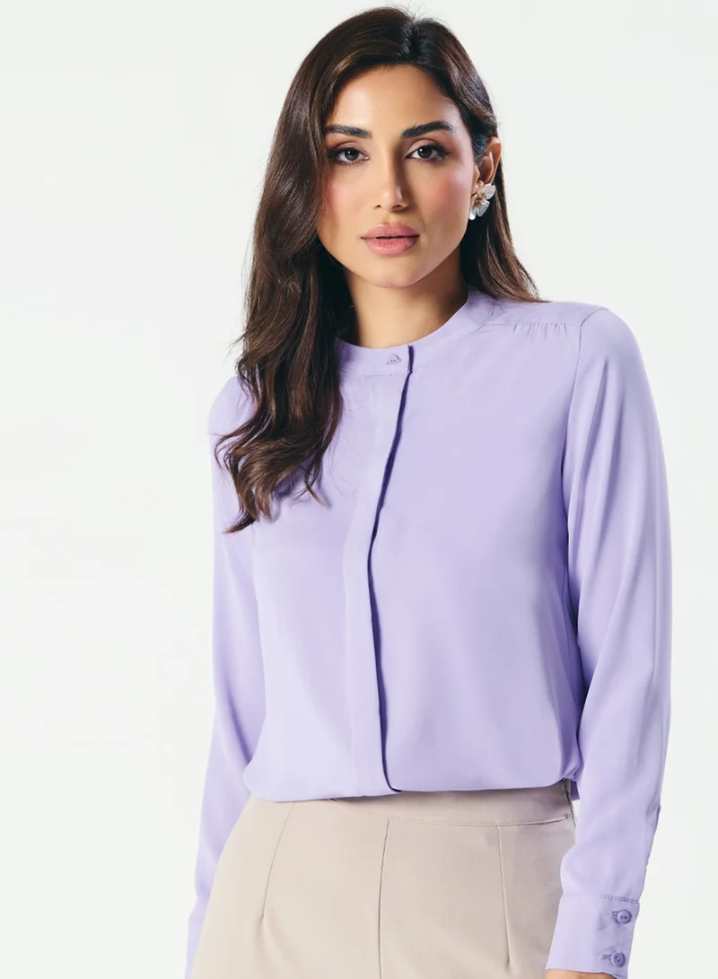 زجزاج بلوزة بأكمام طويلة وياقة ماندرين بقصة مستقيمة